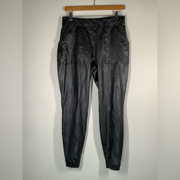 SPANX Faux Leather Jogger Pants XL Black Pockets Pull-On Streetwear Minimalist - Picture 2 of 10